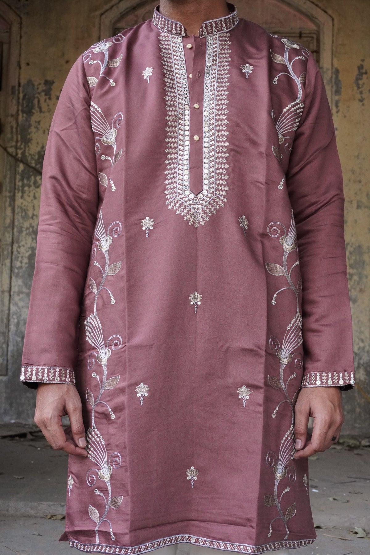 Naqsh Rosewood Kurta front showing floral vine embroidery
