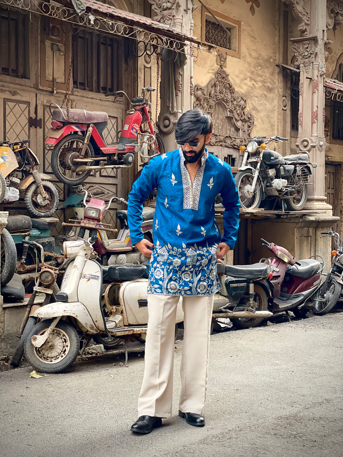 Blue Floral Embroidered Kurta