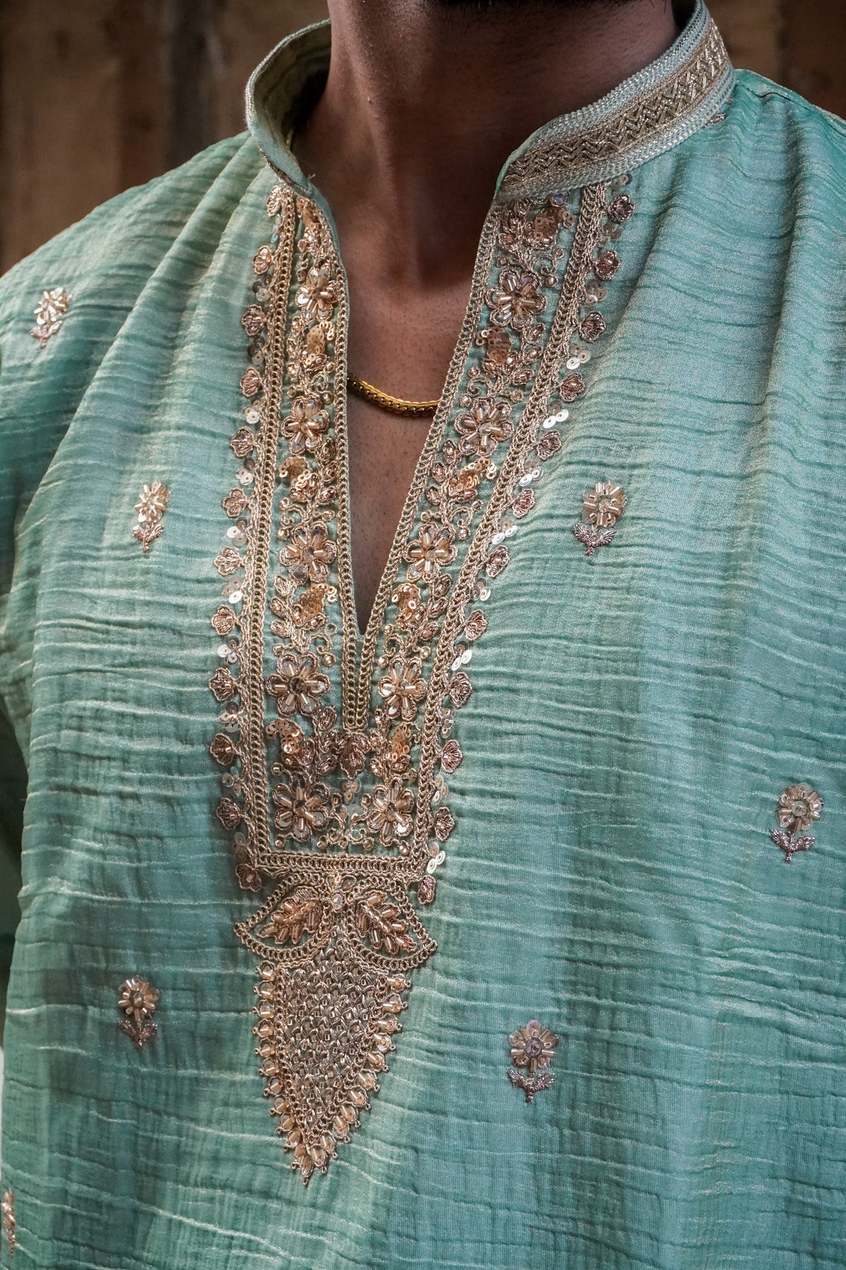 Mint Green Textured Embroidered Kurta