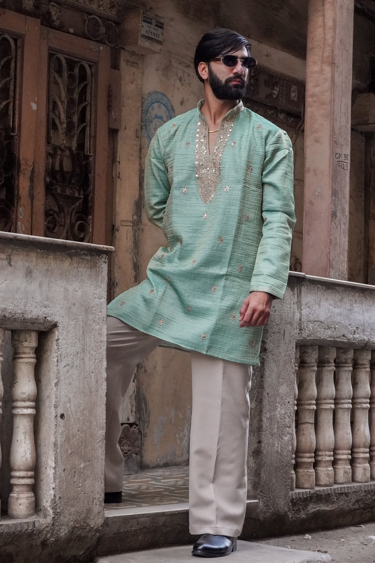 Mint Green Textured Embroidered Kurta
