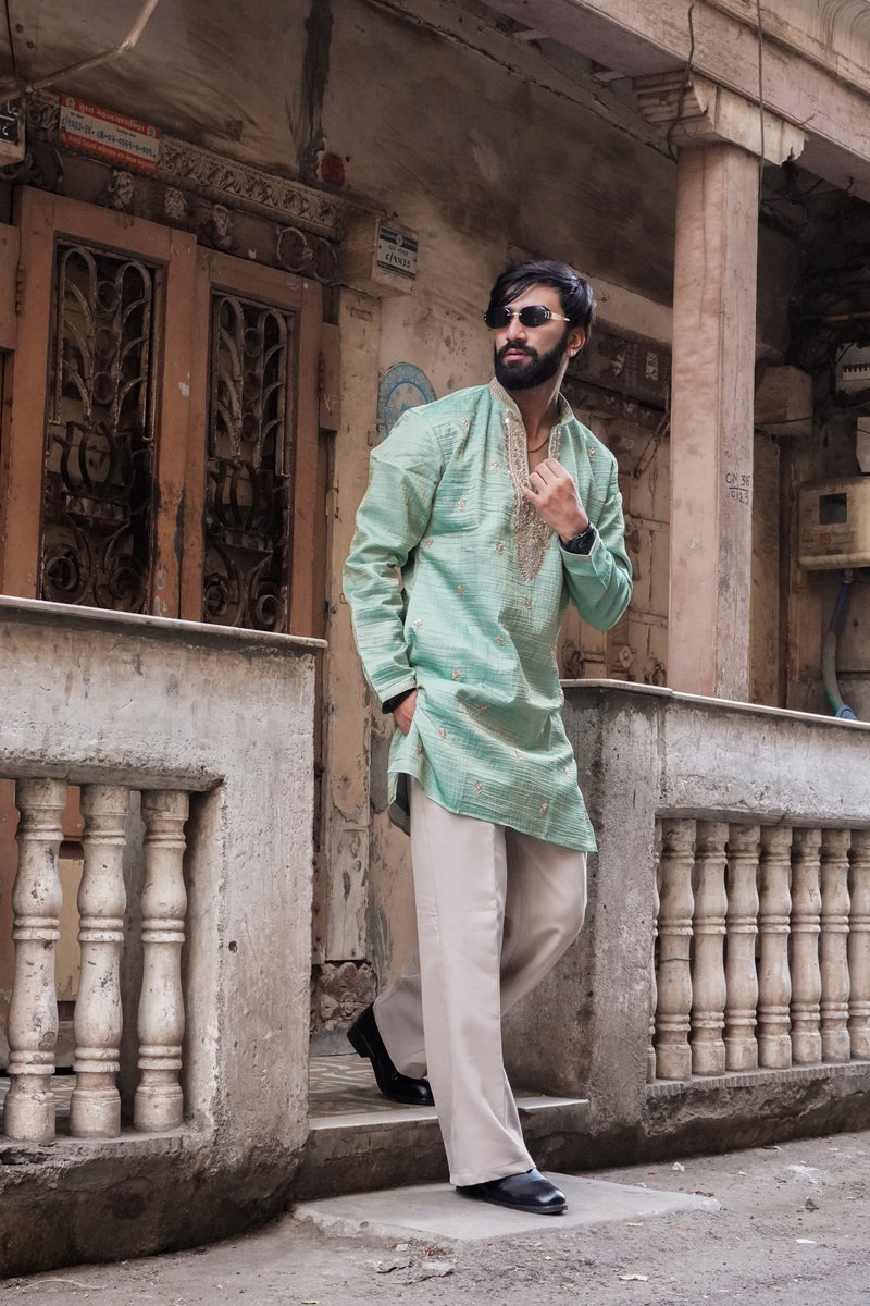 Mint Green Textured Embroidered Kurta