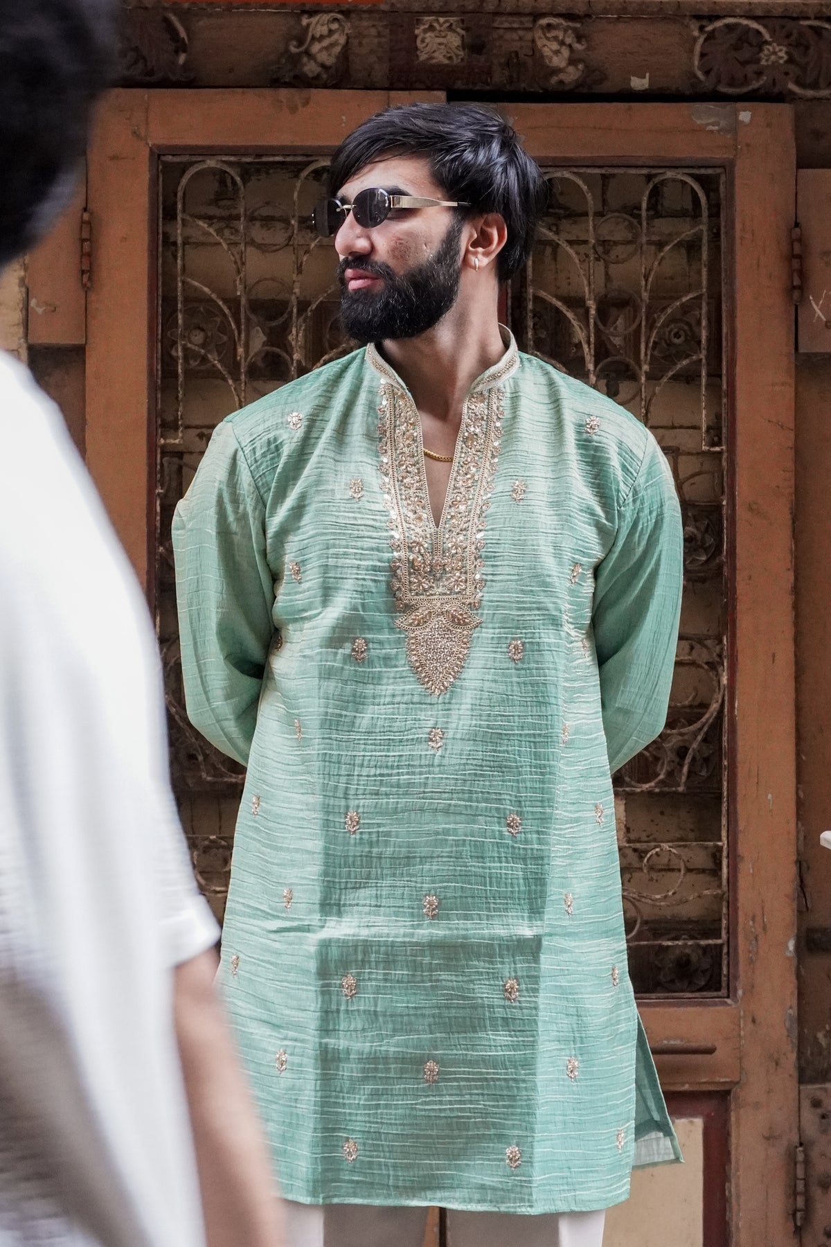 Mint Green Textured Embroidered Kurta