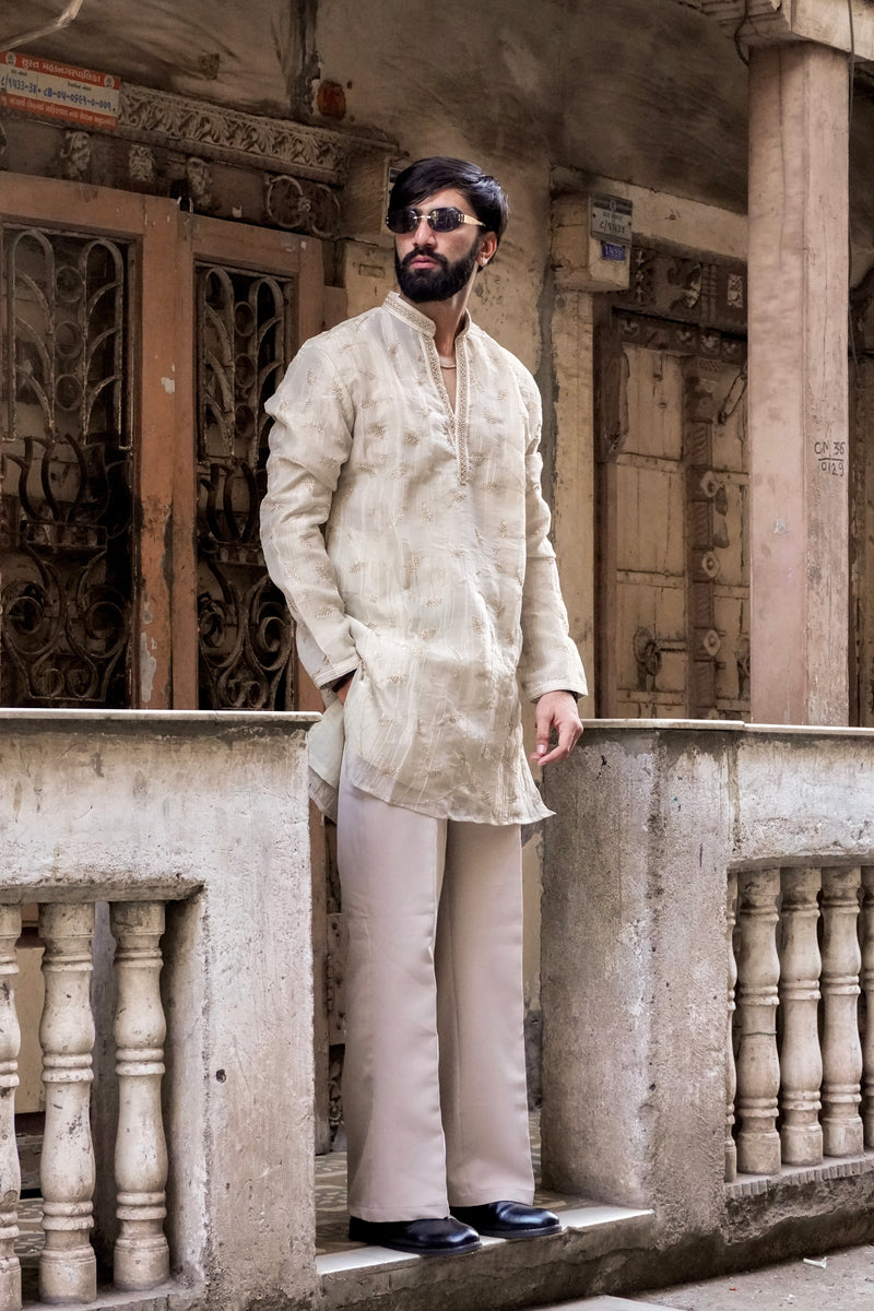 Ivory Textured Embroidered Kurta
