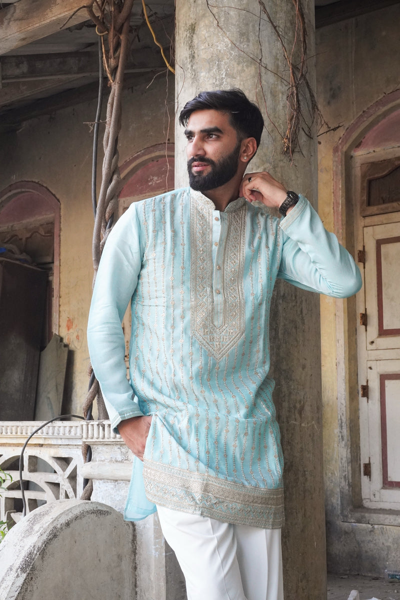 Aasmaan Sky Kurta in light blue with sequin stripes, front view