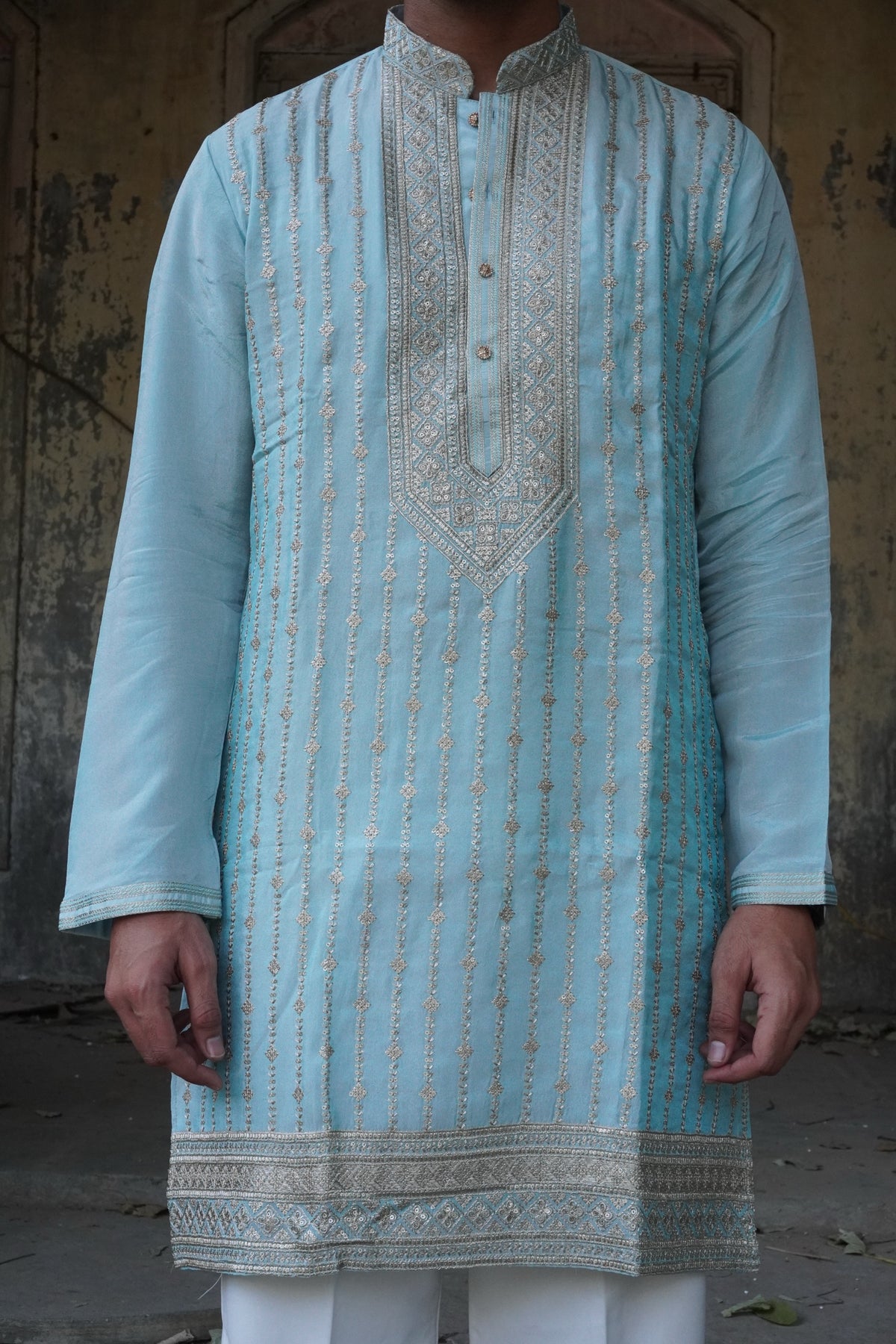 Aasmaan Sky Kurta front showing embroidered yoke and hem border