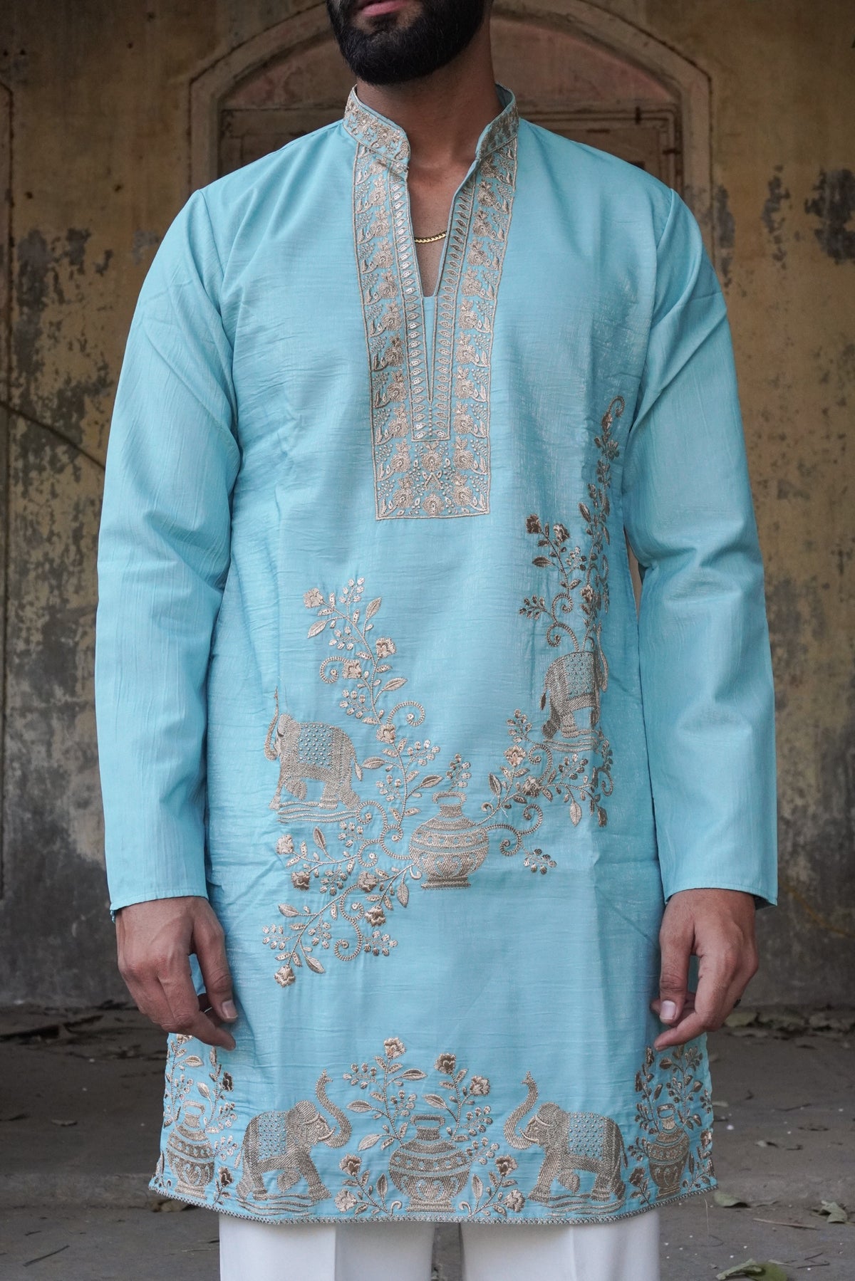 Airavat Firoza Kurta front showing elephant and kalash hem border