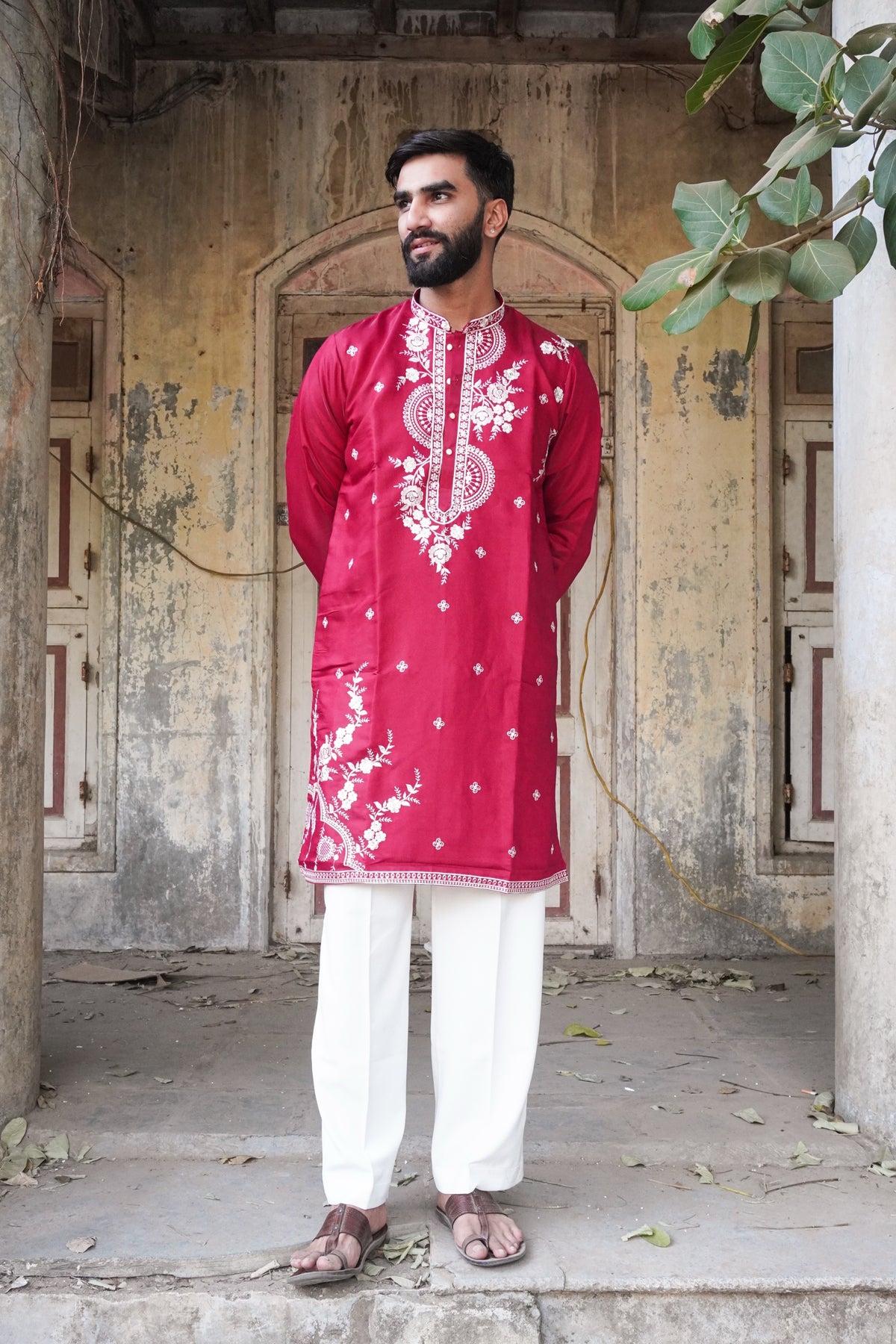 Chandni Raspberry Kurta with ivory embroidery, full length view