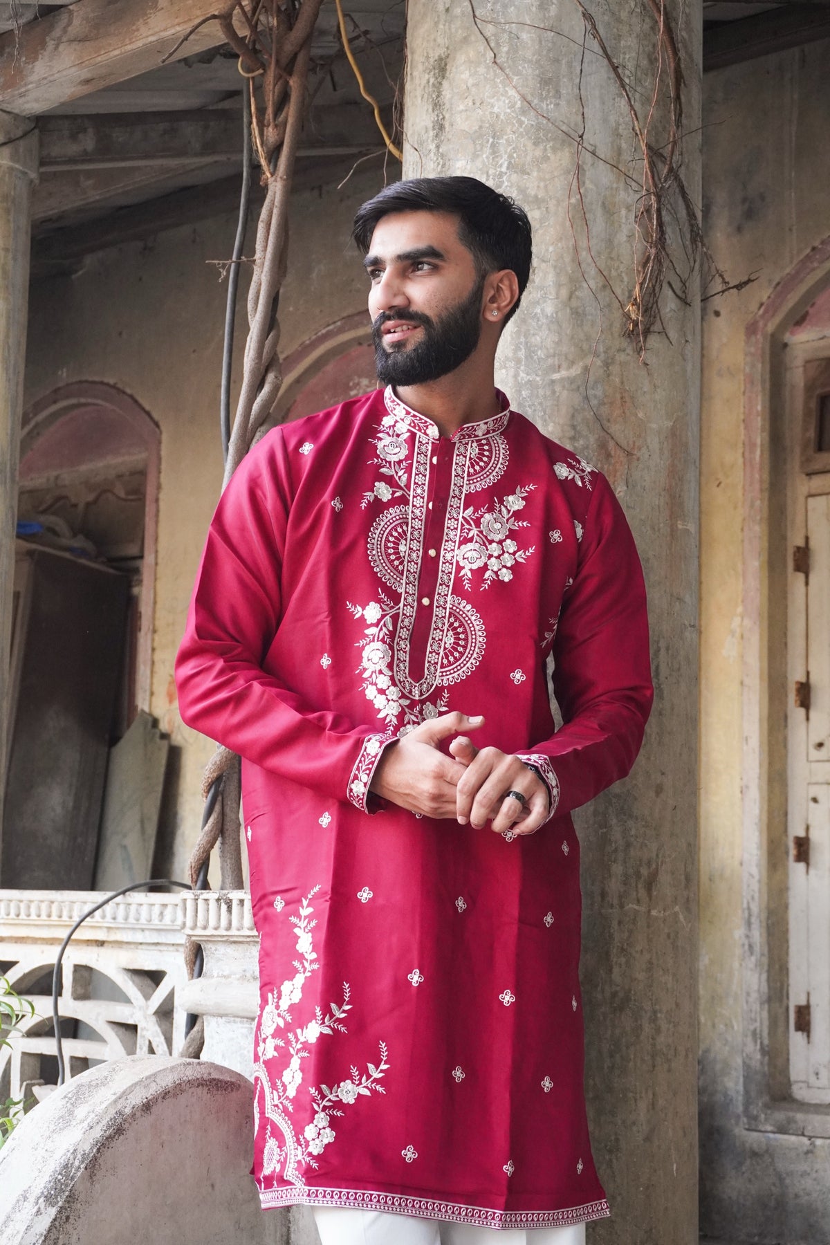 Chandni raspberry red kurta styled by the pillar