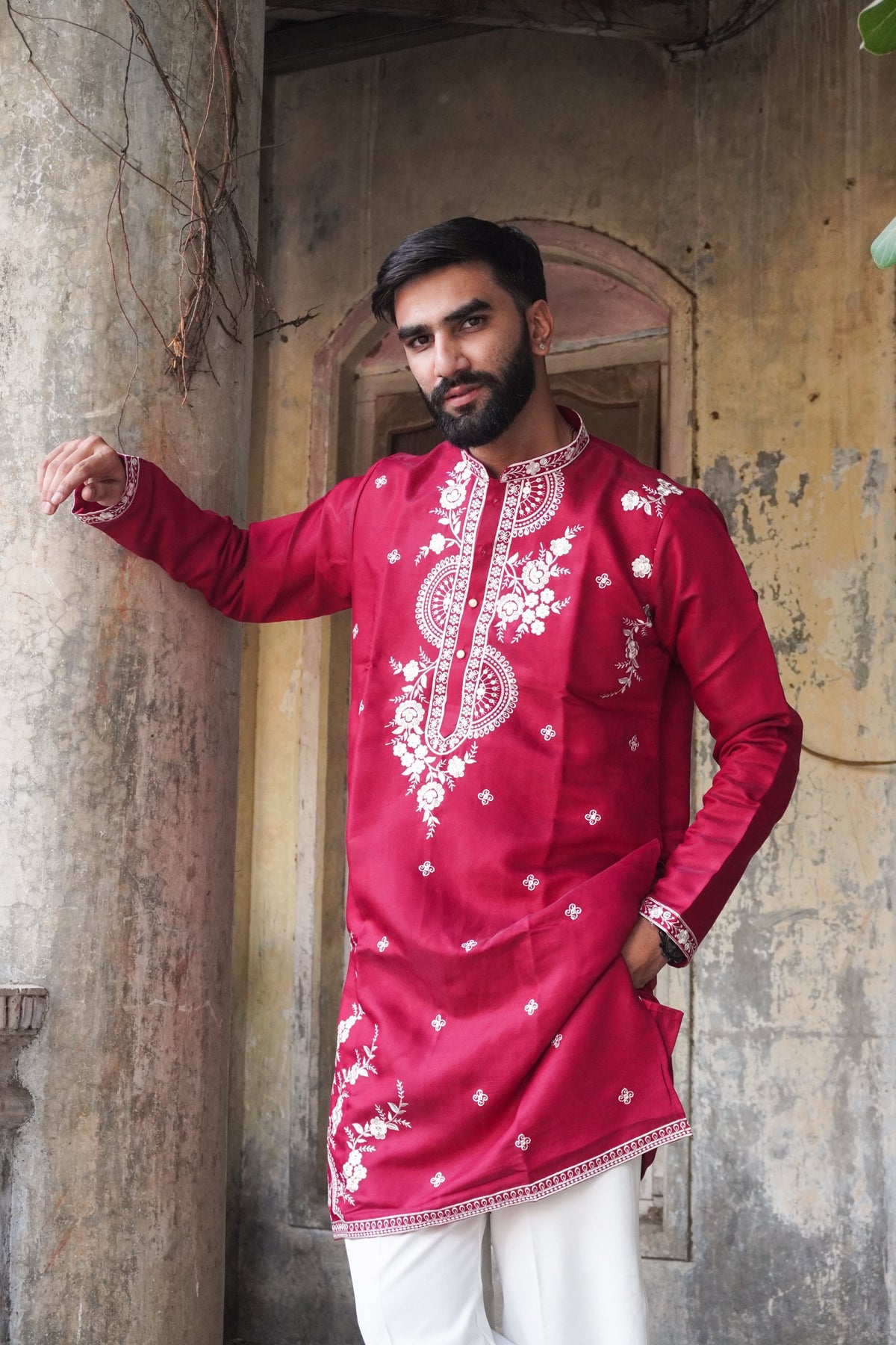 Chandni Raspberry Kurta side pose with embroidered cuffs