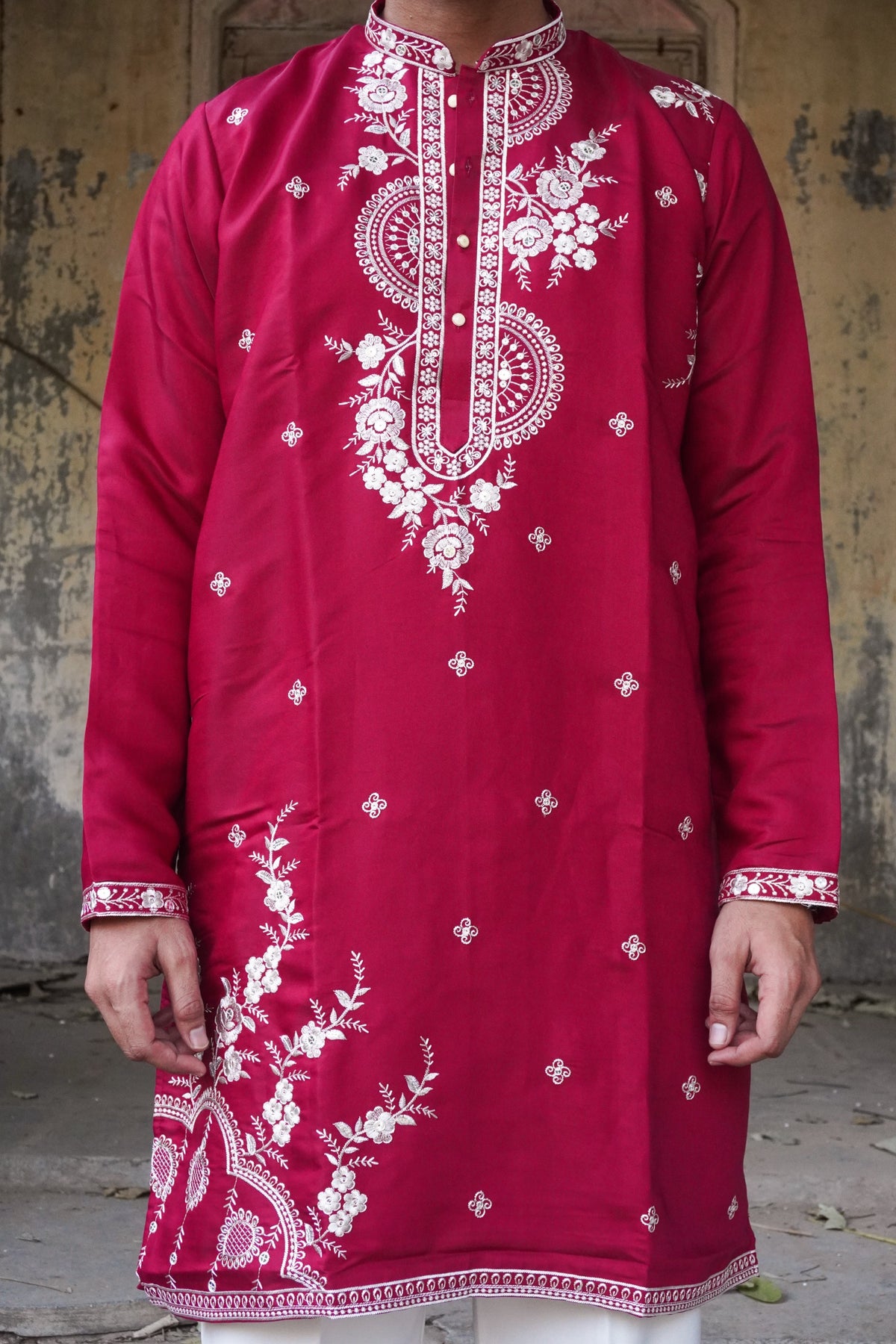 Chandni Raspberry Kurta front showing mandala and floral embroidery