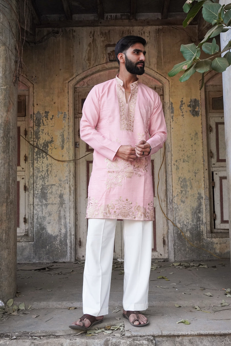 Gajraj Petal Pink Kurta with elephant embroidery, full length view