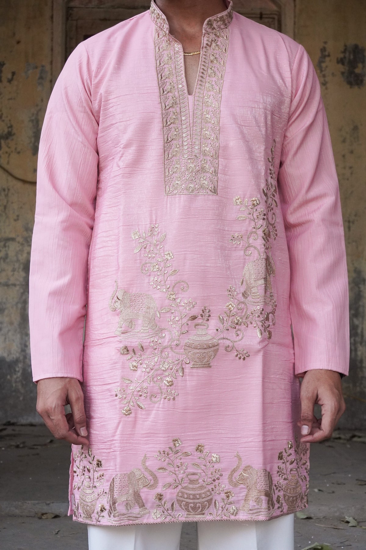 Gajraj Petal Pink Kurta front with elephant hem border