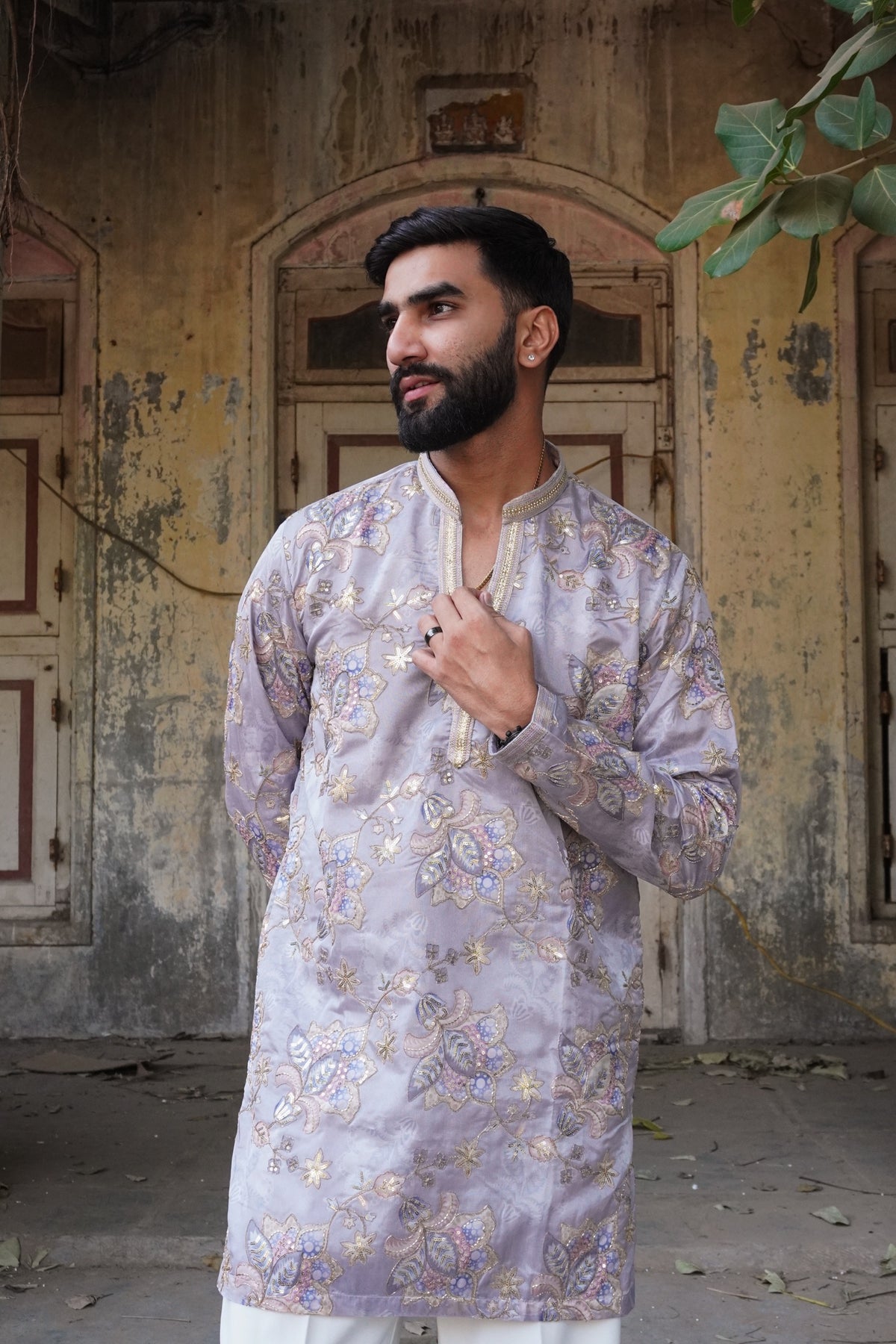 Gulnaar Embroidered Kurta in lilac with floral sequin work - front view
