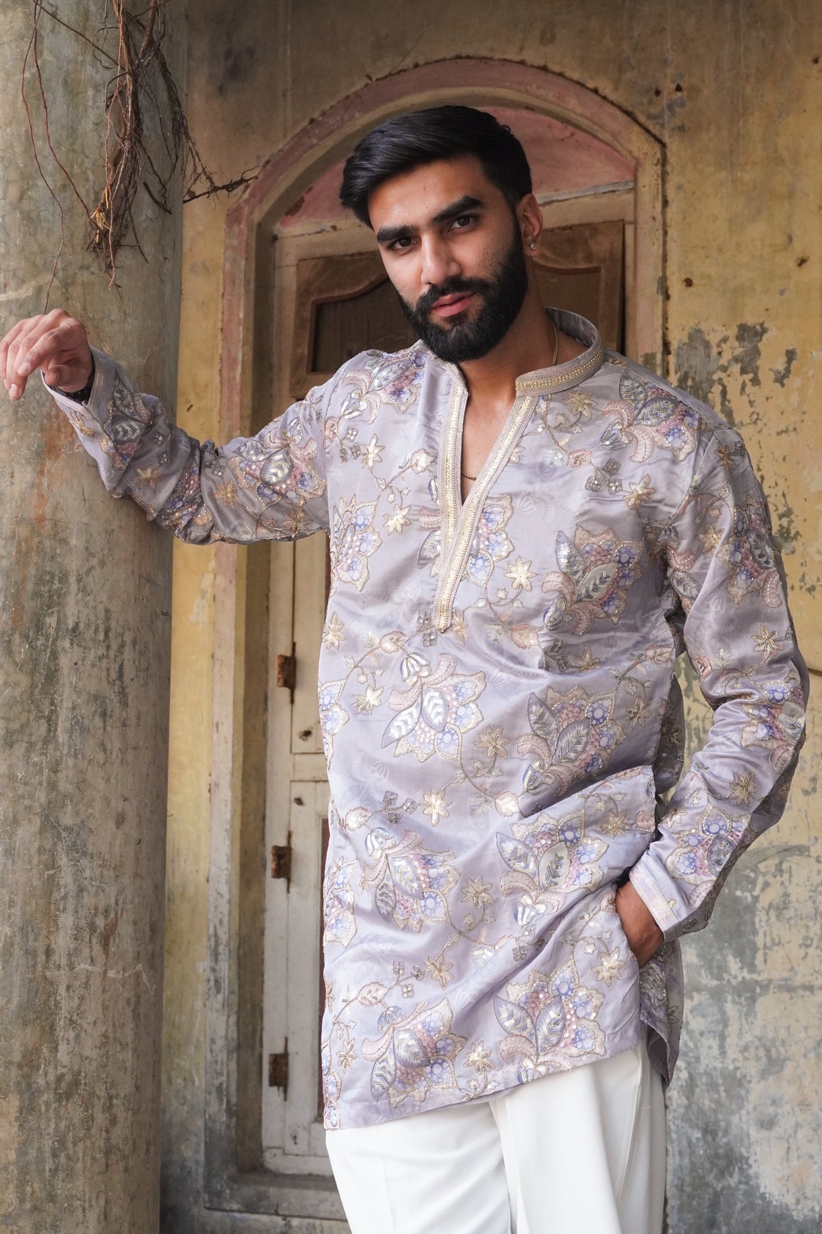 Gulnaar lilac kurta styled with white trousers