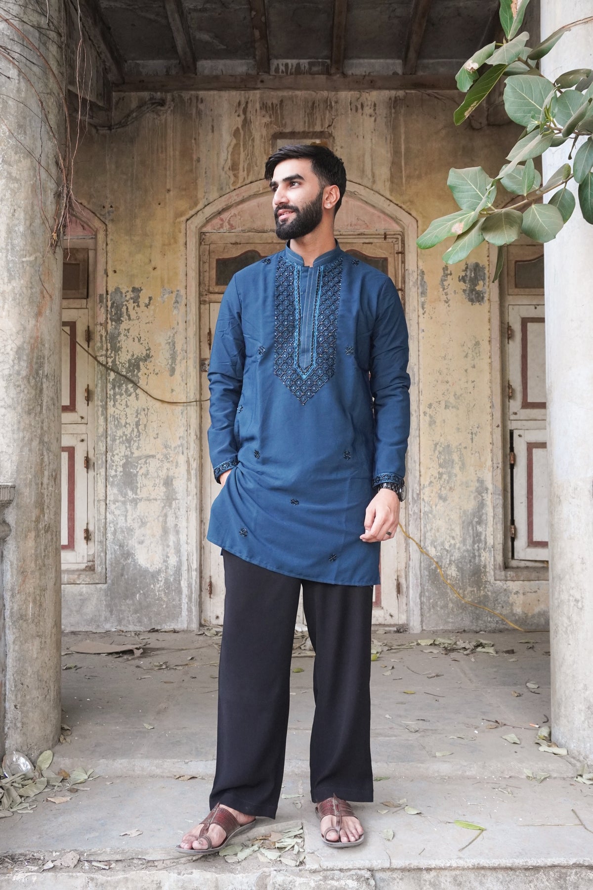 Mayur Peacock Blue Kurta with beaded yoke, full length view