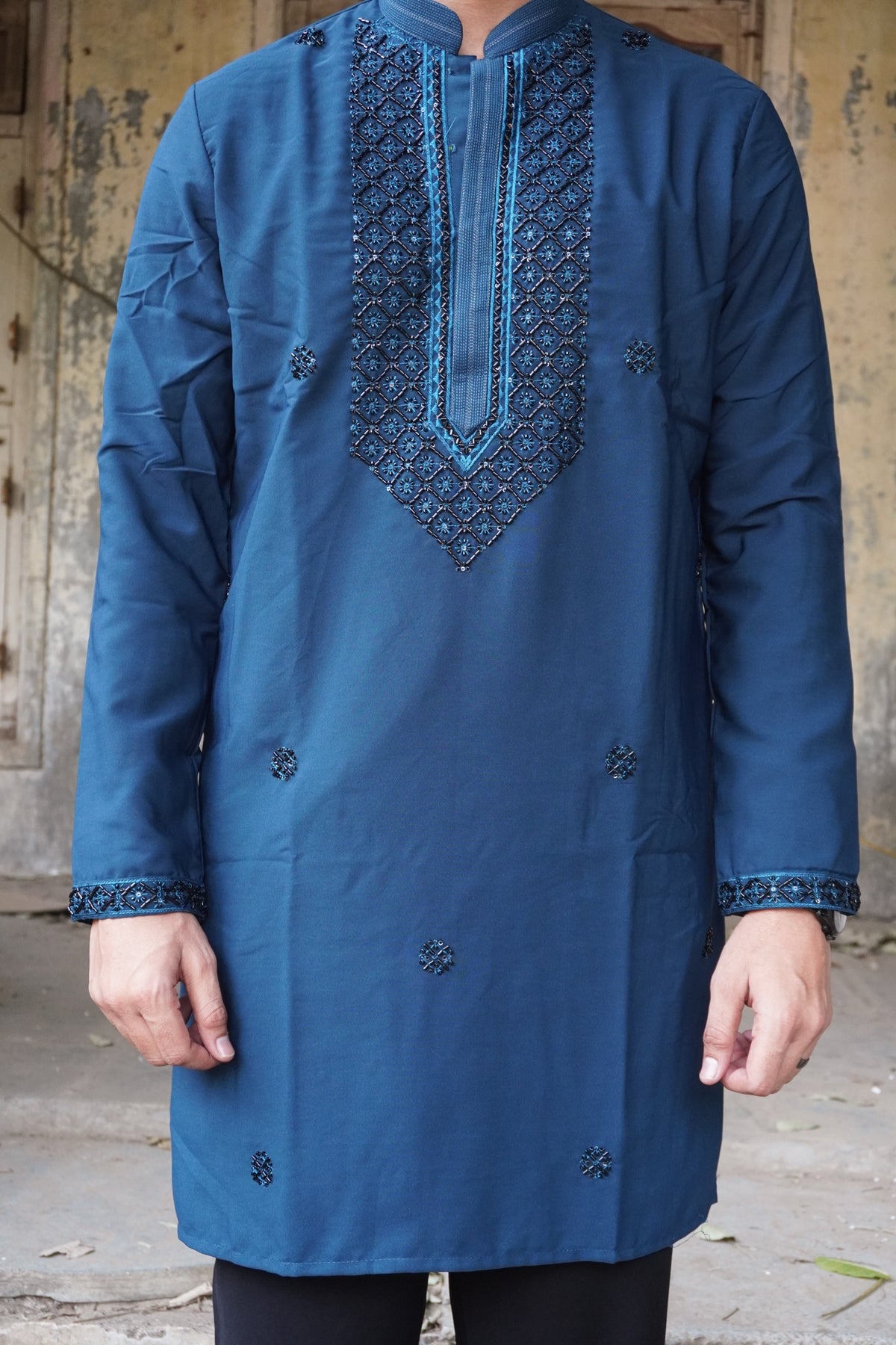 Mayur Peacock Blue Kurta front showing beaded rosettes