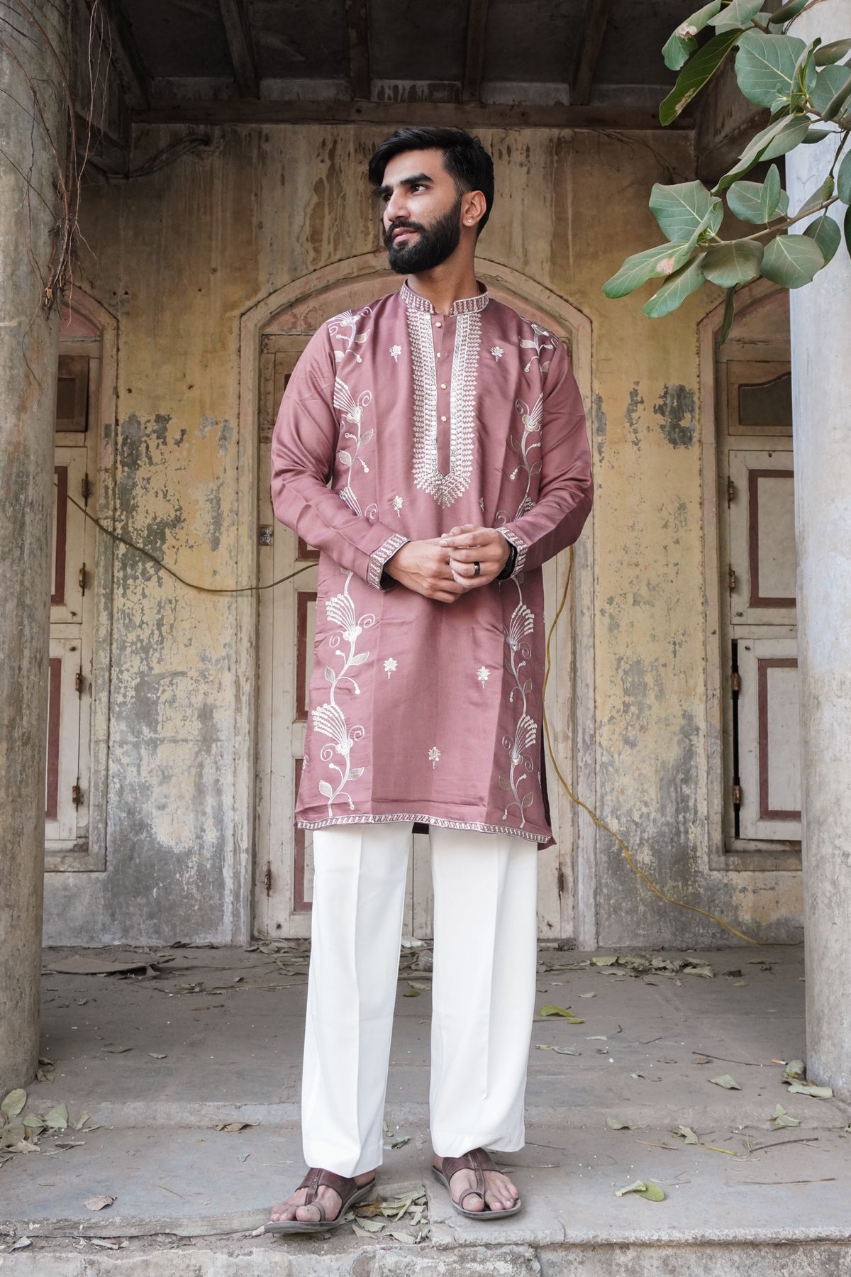 Naqsh Rosewood Kurta with embroidered placket, full length front view