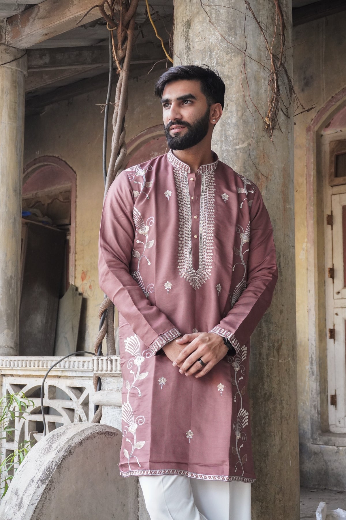 Naqsh Rosewood Kurta styled with ivory trousers
