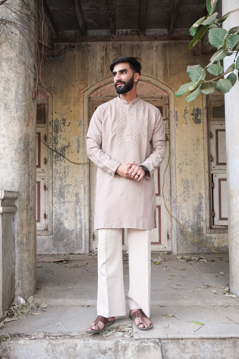 Rehmat Taupe Kurta with silver beadwork, full length view