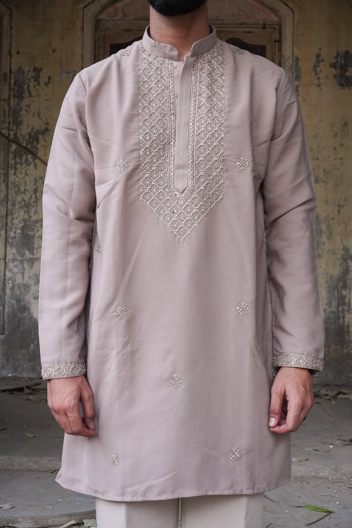 Rehmat Taupe Kurta front showing beaded yoke and cuffs