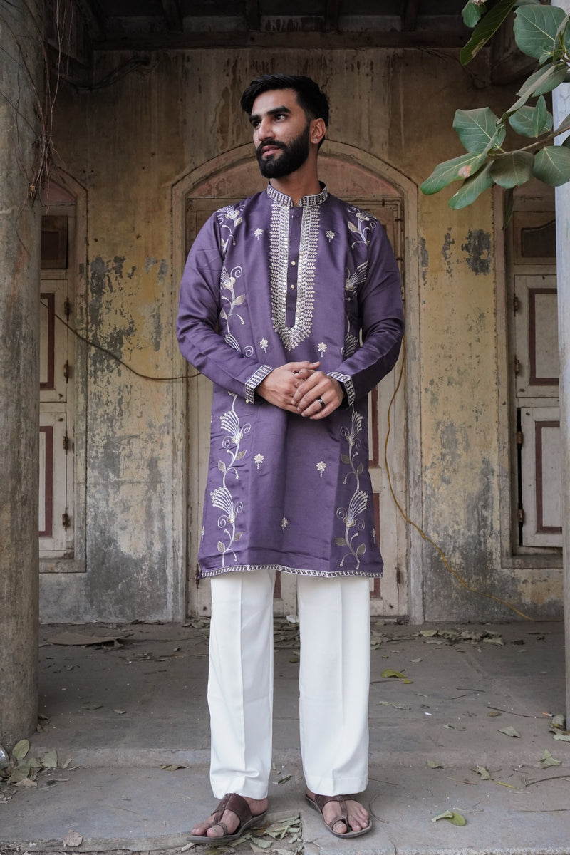 Riwaaz Jamuni Kurta in deep purple, full length front view