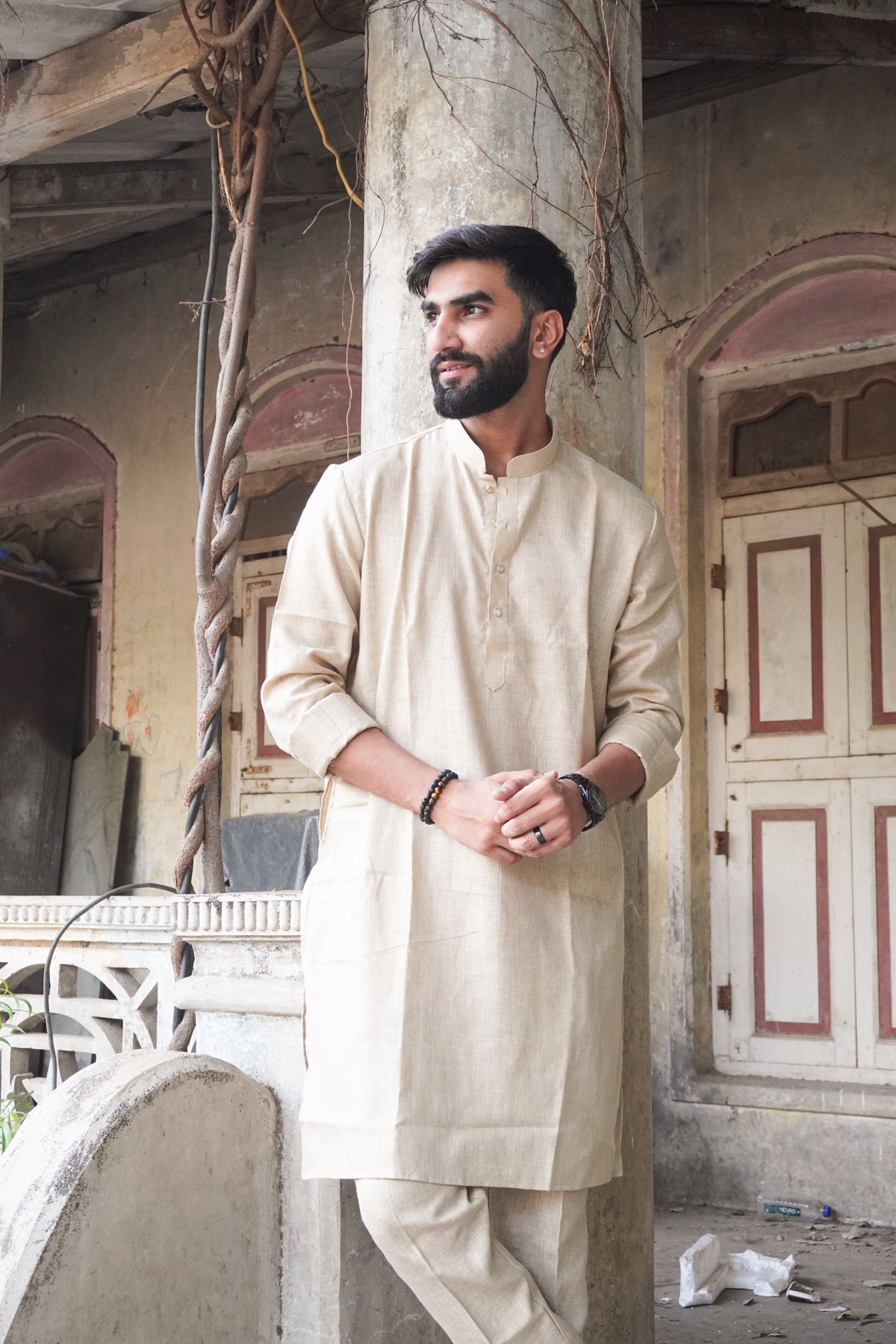 Saadgi beige kurta set styled by the pillar