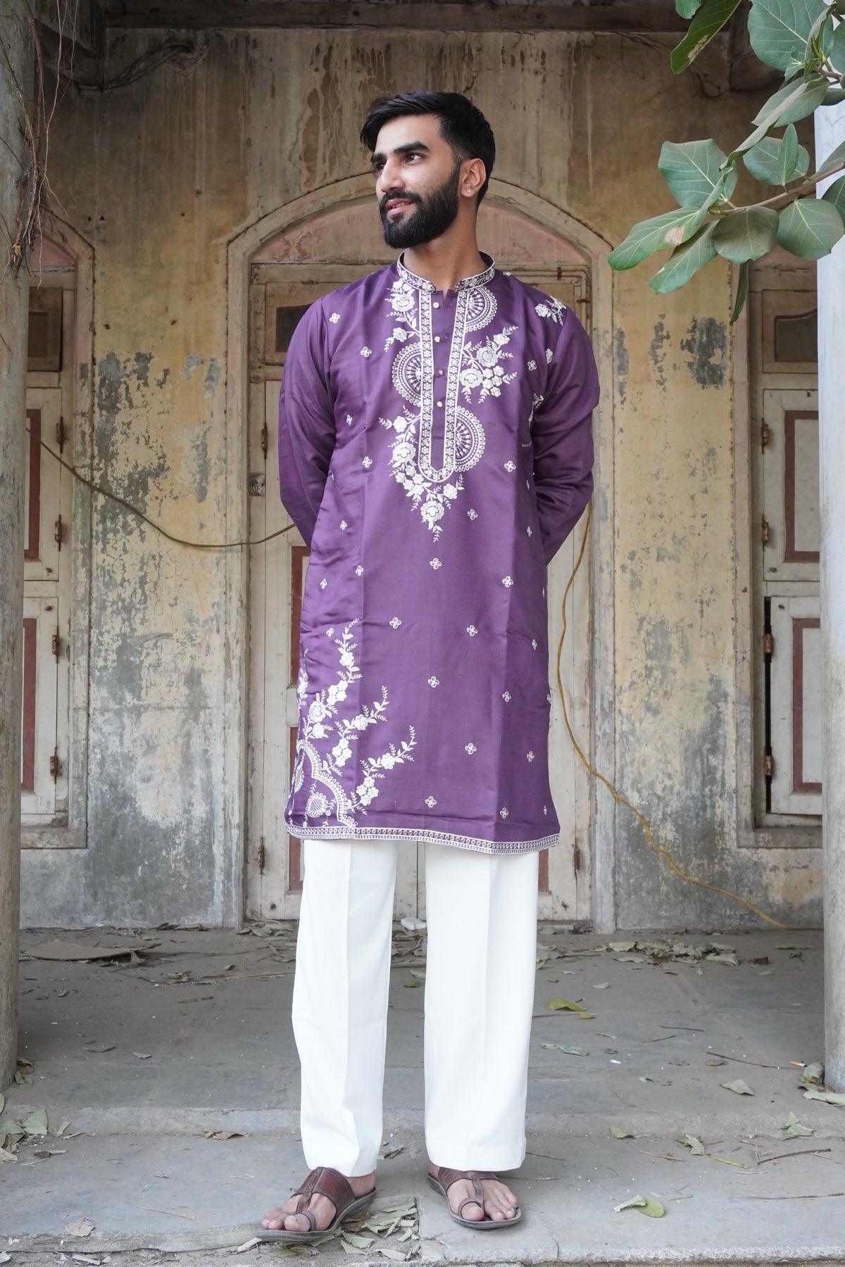 Shehzaad Amethyst Kurta in purple, full length view