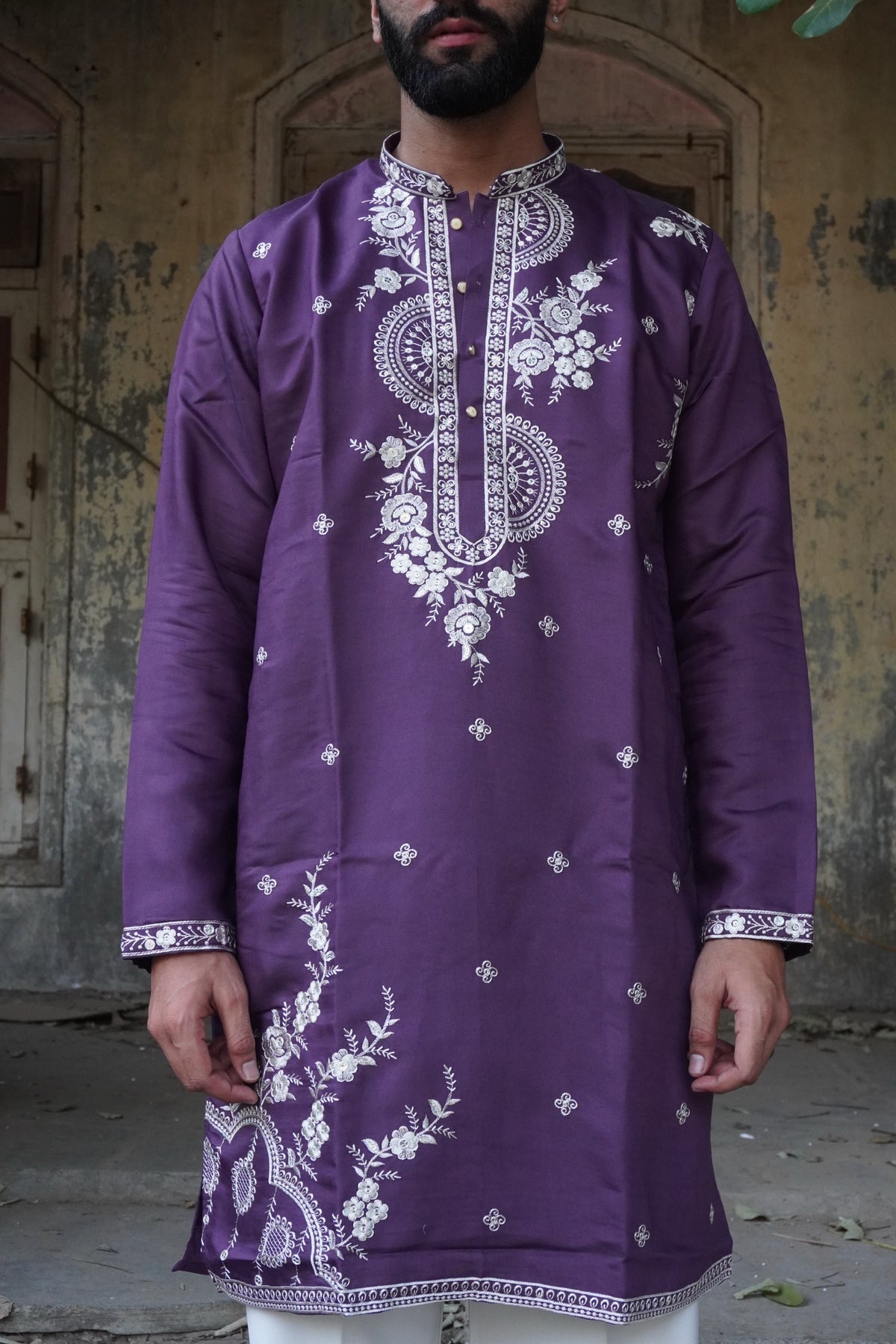 Shehzaad Amethyst Kurta front showing mandala and rose embroidery