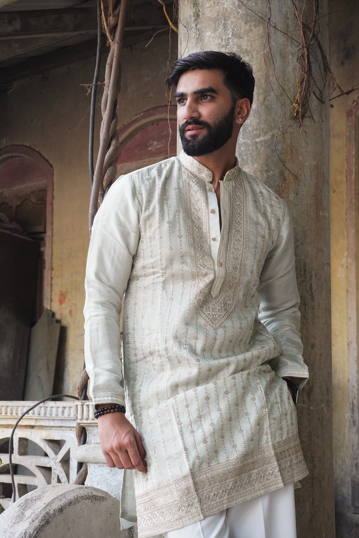 Sukoon Pista Kurta in light green with sequin stripes, front view