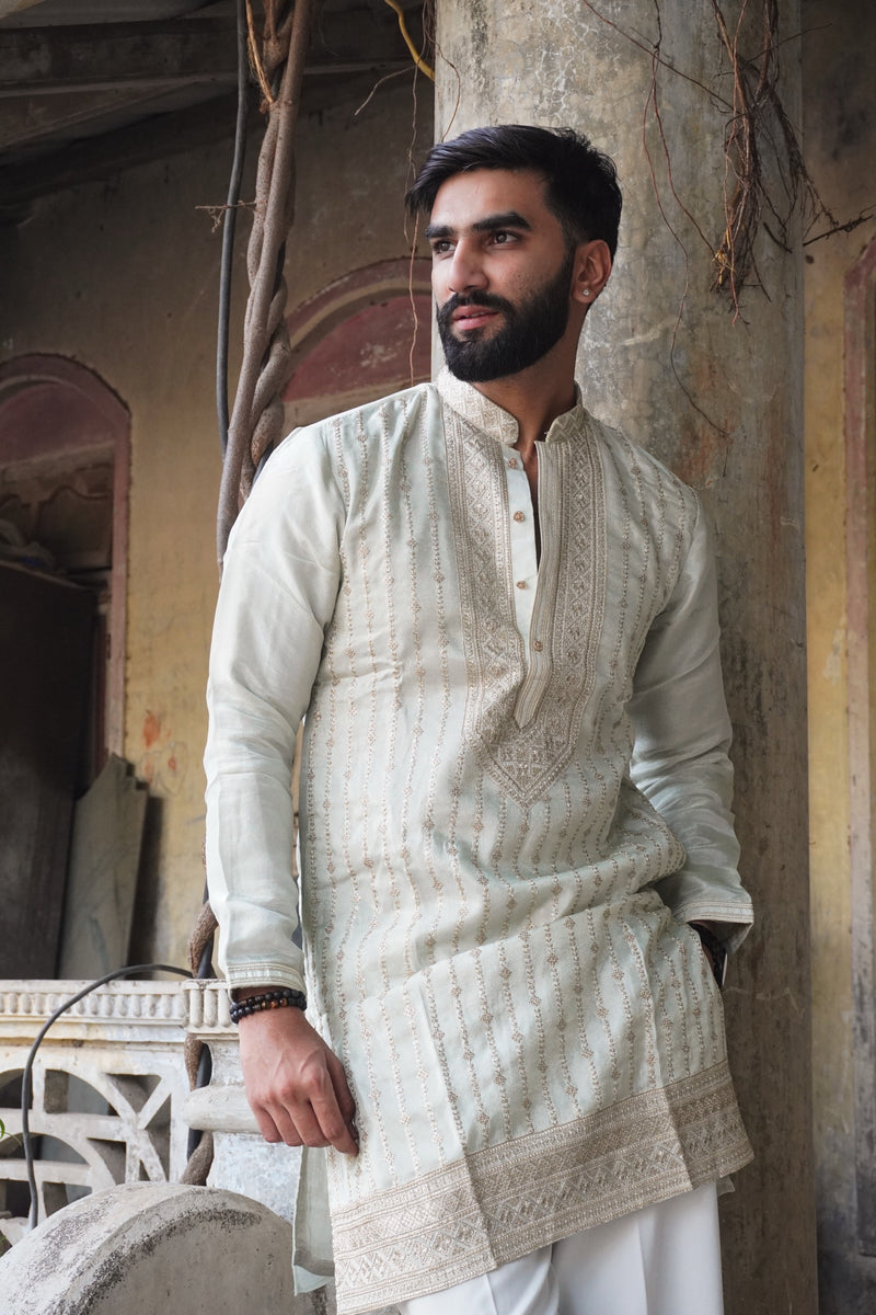 Sukoon Pista Kurta in light green with sequin stripes, front view