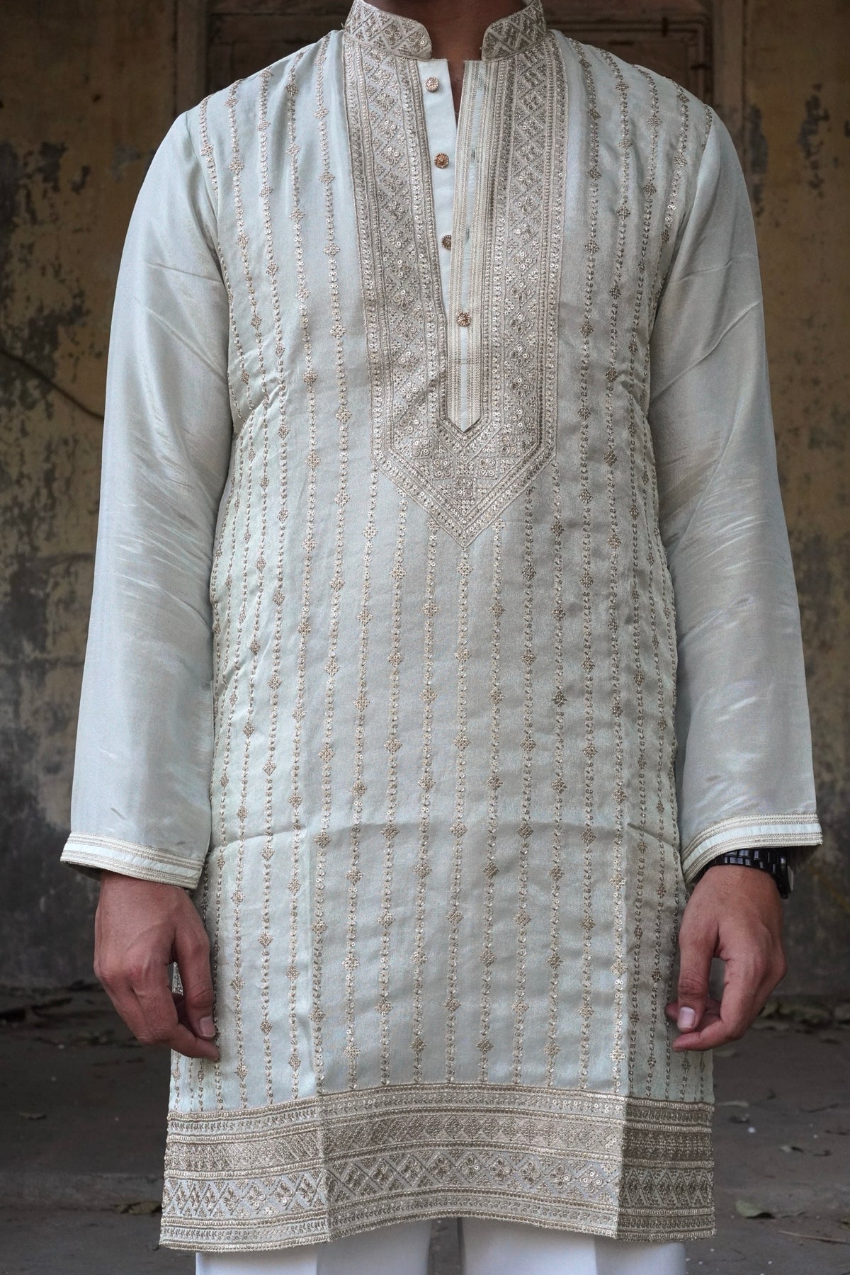 Sukoon Pista Kurta front showing embroidered yoke and hem border