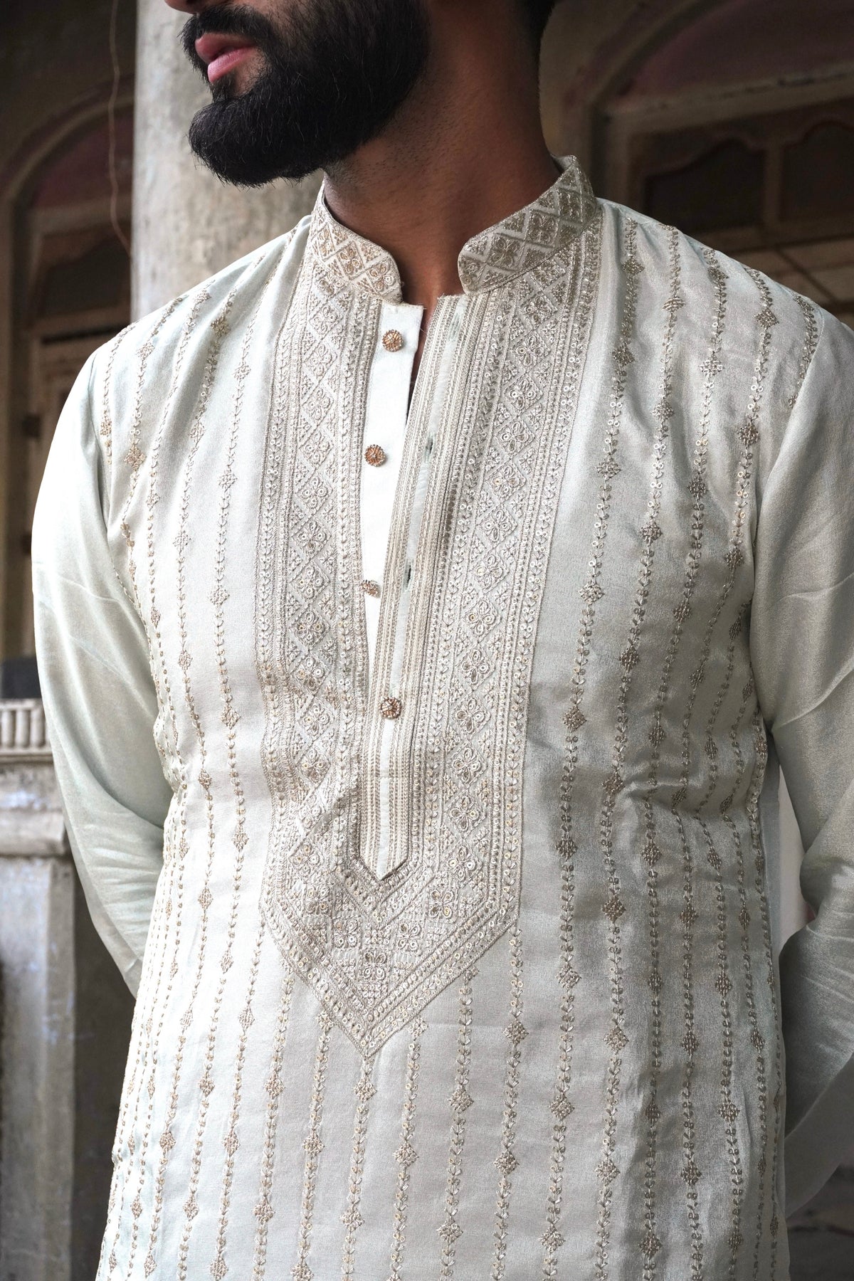 Close-up of embroidered yoke, mandarin collar and rose-gold buttons