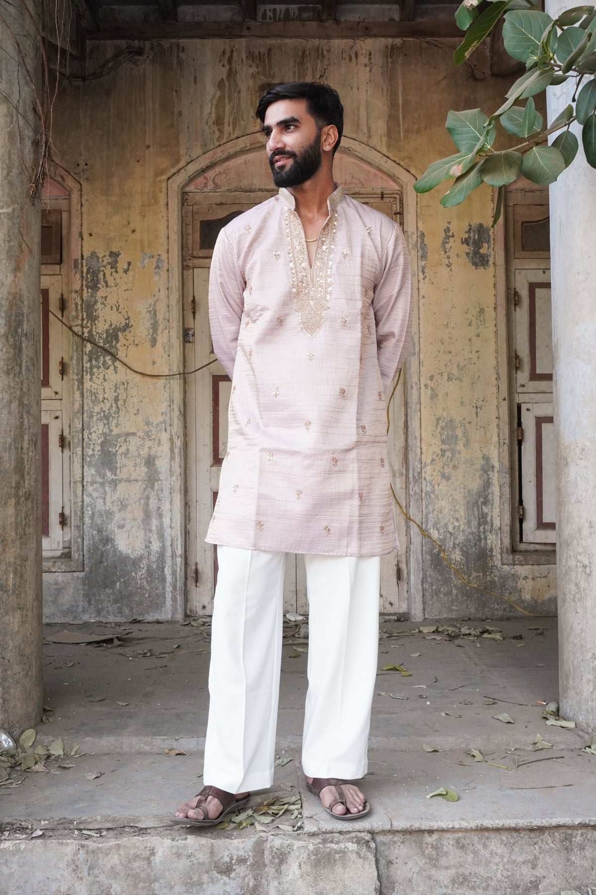Zariyaan Blush Pink Kurta - full length front view with white trousers